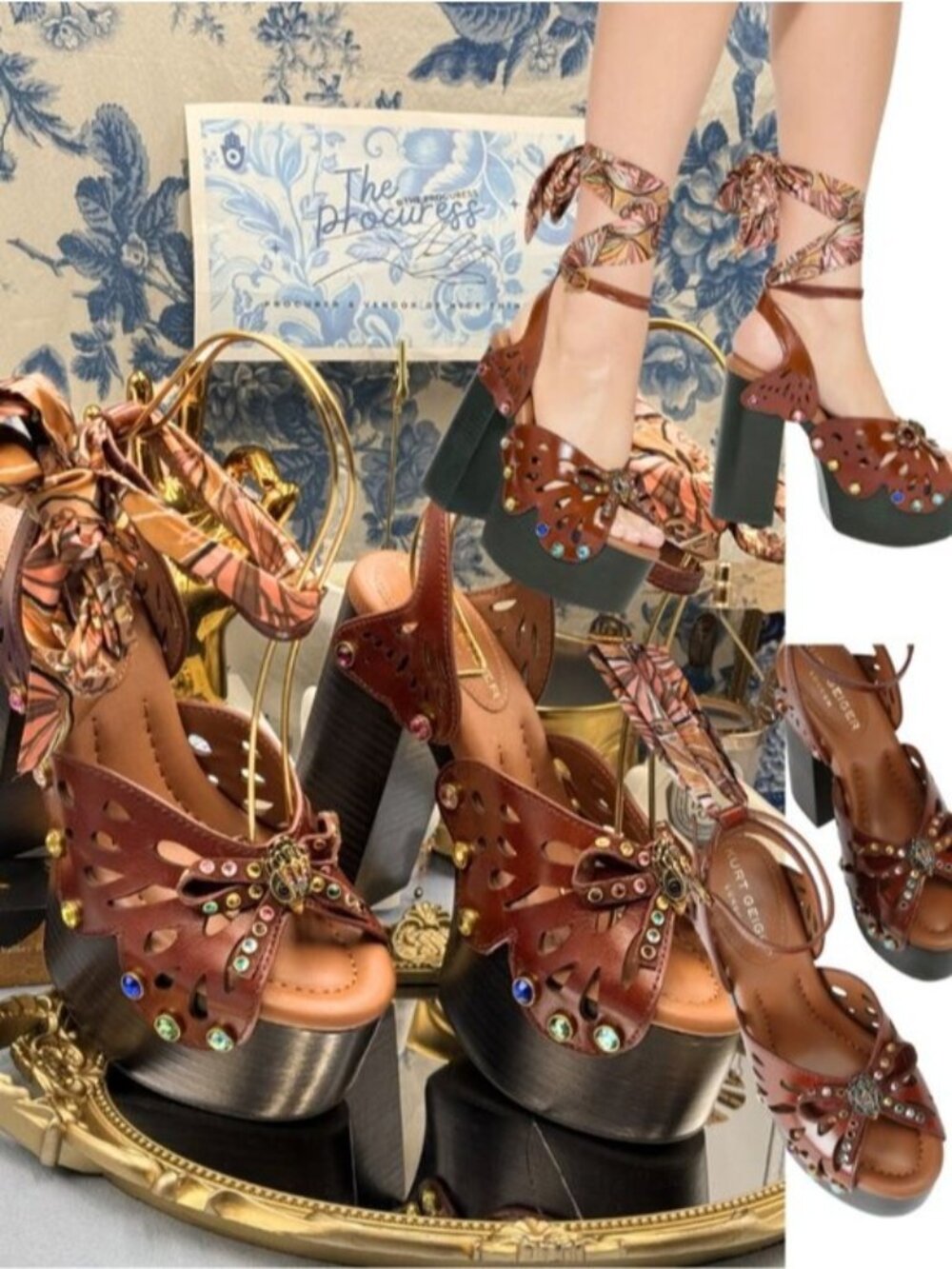 🆕 KURT GEIGER LONDON 🧿 NWOB Butterfly Platform Ankle Strap Sandal, Sz 37 US 7